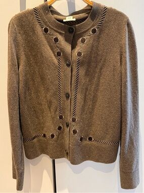 HERMES Cardigan Ladies Les Tambours embroidered rib Gris/Etoupe